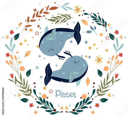 Pisces Zodiac in a colorful wreath of leaves, flowers and stars around. Pisces perfect for posters, logo, cards. Astrological Pisces zodiac. Vector illustration.