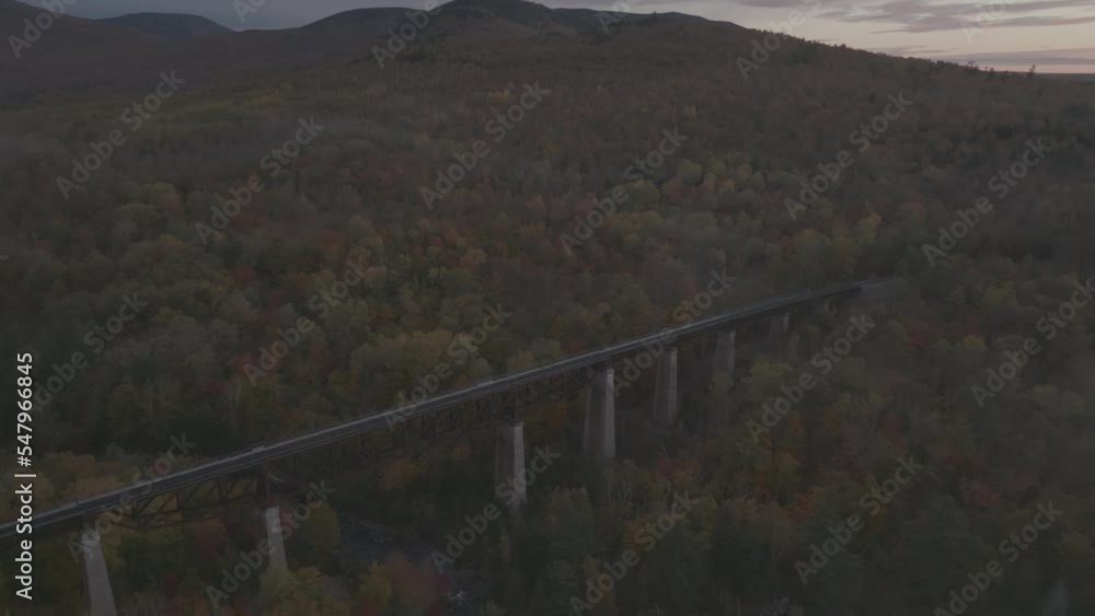 Onawa Trestle bridge overlooking Lake Onawa in Fall aerial Onawa Trestle bridge overlooking Lake Onawa in Fall aerial