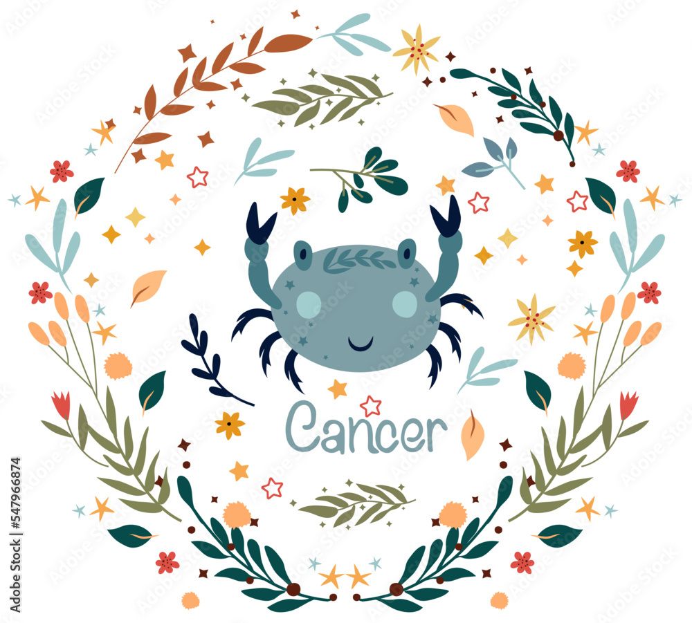 Cancer. Cute Zodiac in a colorful wreath of leaves, flowers and stars around. Cute Cancer perfect for posters, logo, cards. Astrological Cancer zodiac. Vector illustration.