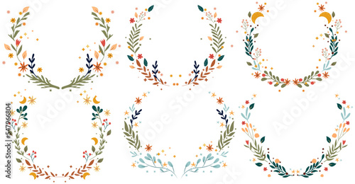 Bright floral wreath with wildflowers, colorful leaves, moon and stars around. Set Vintage floral wreath Perfect for greeting cards, poster, postcard, banner. Vector illustration.