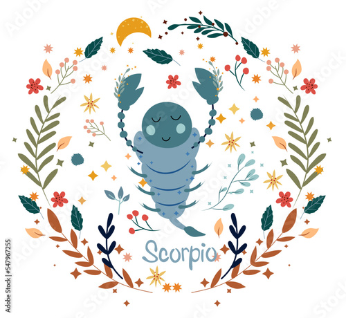 Scorpio Zodiac in a colorful wreath of leaves, flowers and stars around. Astrological Scorpio zodiac perfect for posters, logo, cards. Vector illustration.