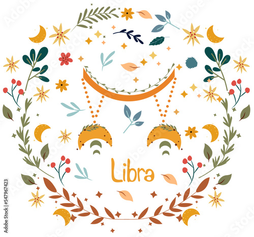 Libra Zodiac with a colorful wreath of leaves, flowers stars around. Astrological Libra zodiac perfect for posters, logo, cards. Vector illustration.
