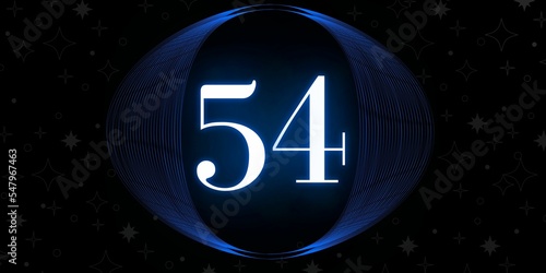 Number 54. Banner with the number fifty four on a black background and white stars with a circle blue in the middle photo