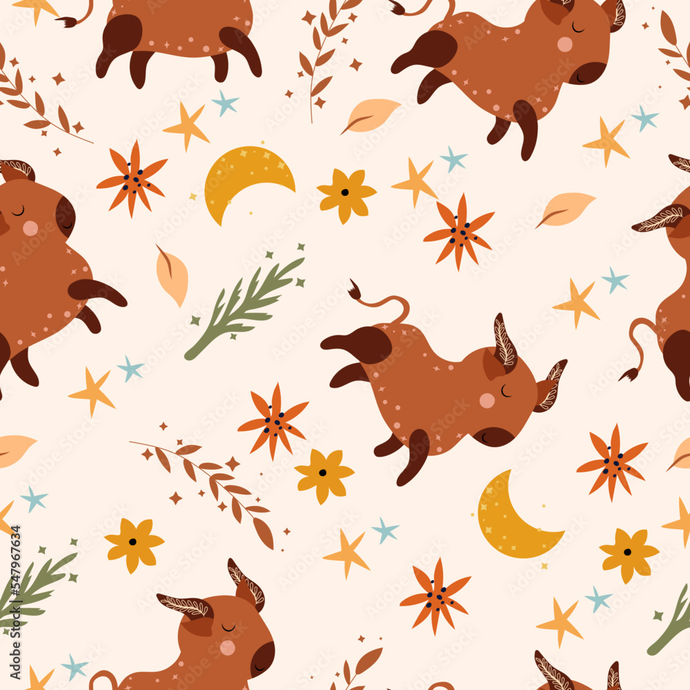 Seamless patterns with Taurus, colorful flowers, leaves and stars. Astrological Taurus zodiac. Bright astrological pattern can be used as textile, fabric, wallpaper, banner and other. Vector Seamless patterns with Taurus, colorful flowers, leaves and stars. Astrological Taurus zodiac. Bright astrological pattern can be used as textile, fabric, wallpaper, banner and other. Vector