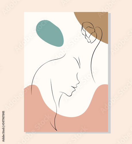 Boho poster wall art. Flowers  organic shapes and girl. Line art style. Vector illustration