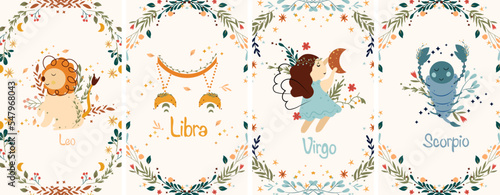 Zodiac Virgo, Scorpio, Leo, Libra with leaves, colorful flowers and stars around. Set Astrological zodiac Signs perfect for posters, logo, cards. Vector illustration.