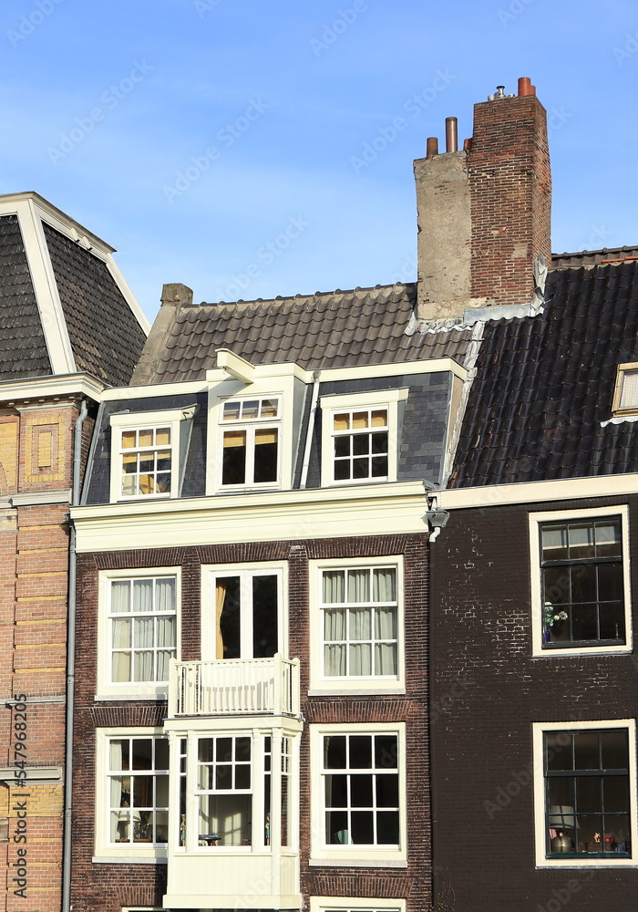Amsterdam Prinsengracht House Facade Close Up with Chimneys, Netherlands