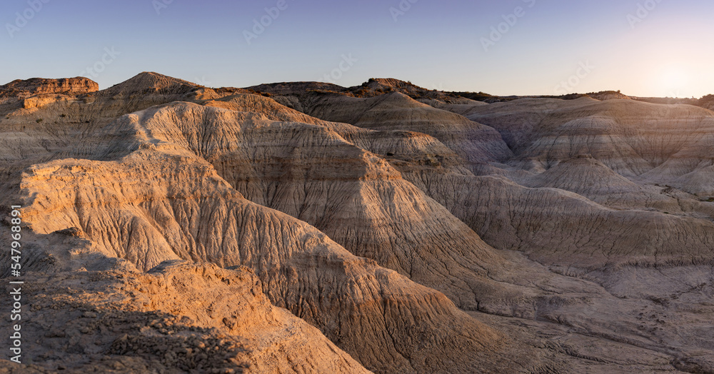 Panoramic view of Valley of the Moon, an arid semi-desert ecosystem like badlands.