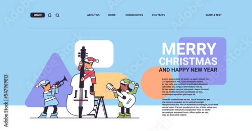 elves in uniform with musical instruments santa helpers team playing guitar and trumpet happy new year christmas holidays