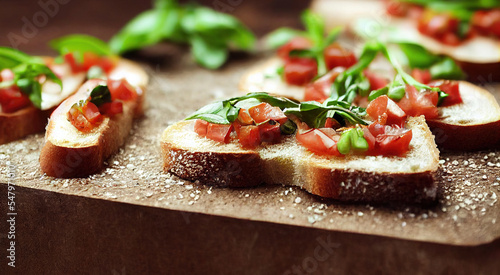 Foto Banquet Italian fast food bruschetta on baguette with tomatoes