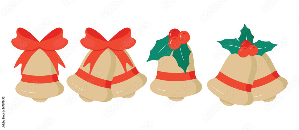 Vector golden Christmas bells with Holly branch with berries and Red Bow isolated on a white background. Vector golden Christmas bells with Holly branch with berries and Red Bow isolated on a white background.