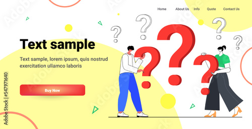 frustrated people with question marks support center frequently asked questions concept horizontal