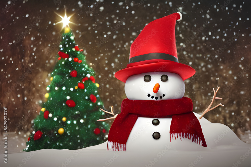 Digital Illustration , Christmas Scene, Snowman and Tree, Outdoors