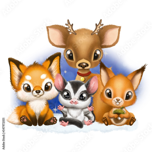 Illustration of forest animals, baby animals, baby fox, baby squirrel, baby deer, forest animals print, animals wall art