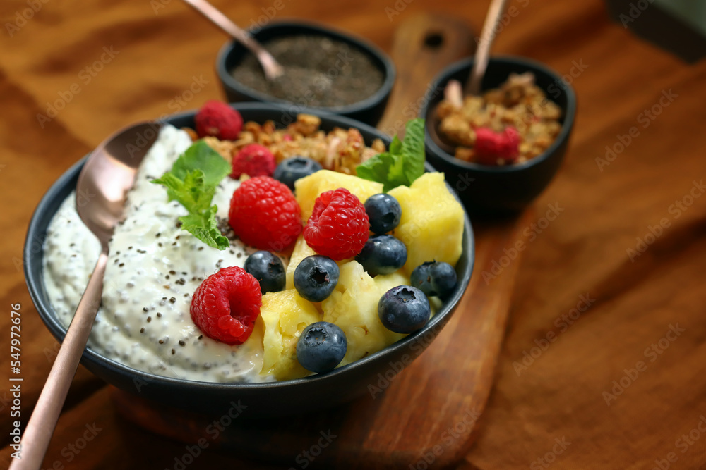 Breakfast bowl with chia yogurt, berries and fruits. Healthy snack or dessert. Breakfast bowl with chia yogurt, berries and fruits. Healthy snack or dessert.