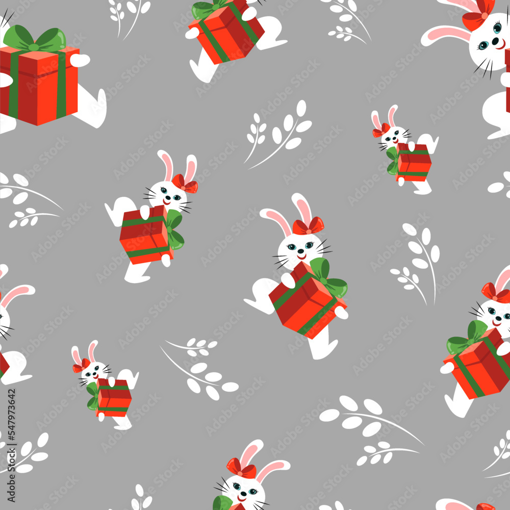 Seamless texture with white bunnies for fabric. Bunny with a gift