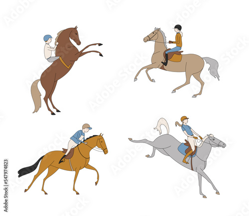 Set of cute riders and horses  hobbies  equestrian sport
