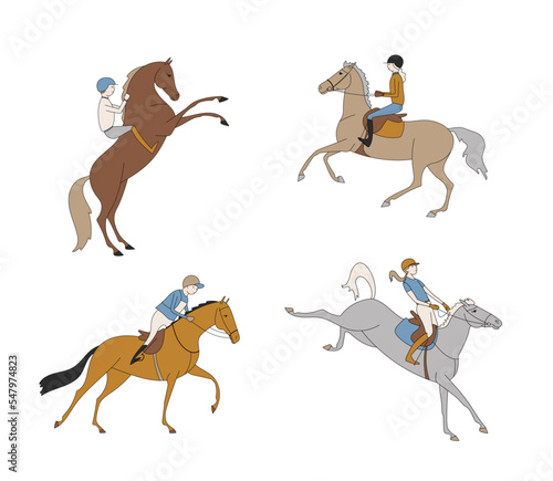 Set of cute riders and horses, hobbies, equestrian sport