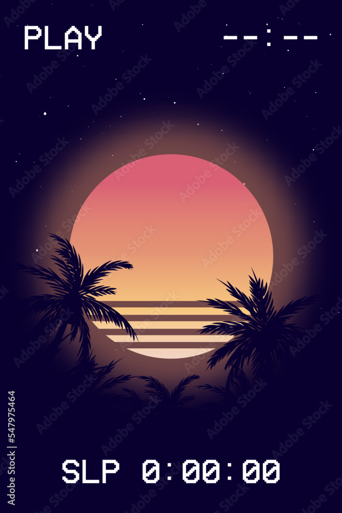 Synthwave Vector Illustration for apparel with Palms and Sunset. Los Angeles vibes. Outrun graphic in 80's aesthetic. VHS effect.
