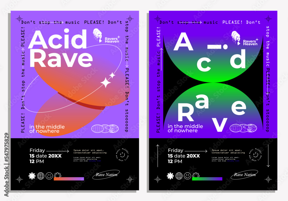 Acid rave party or electronic music concert of festival flyer or poster ...