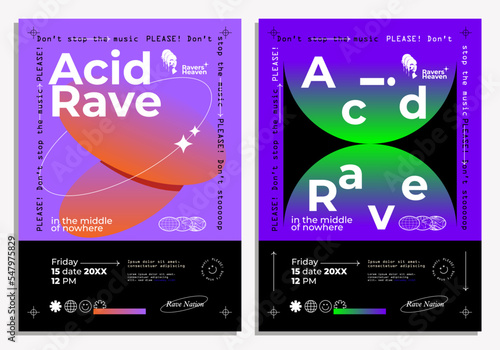 Acid rave party or electronic music concert of festival flyer or poster design template with abstract minimalistic geometric gradient shapes and typography composition. Vector illustration