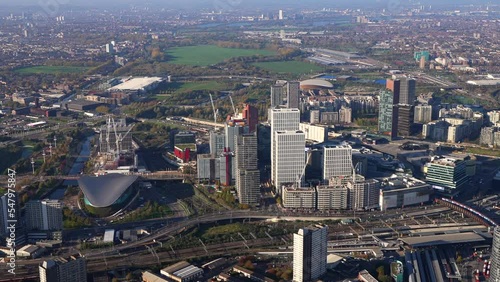 Aerial view of Stratford shopping centre and railway station, Stratford, London, UK. photo