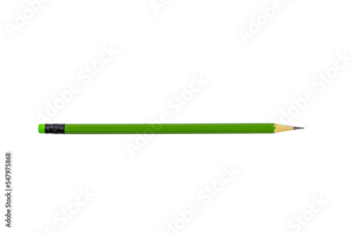 One green pencil on white background.