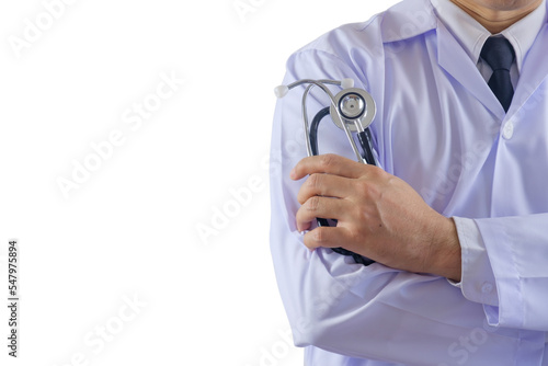 Closeup at doctor crossed arm and hold stethoscope