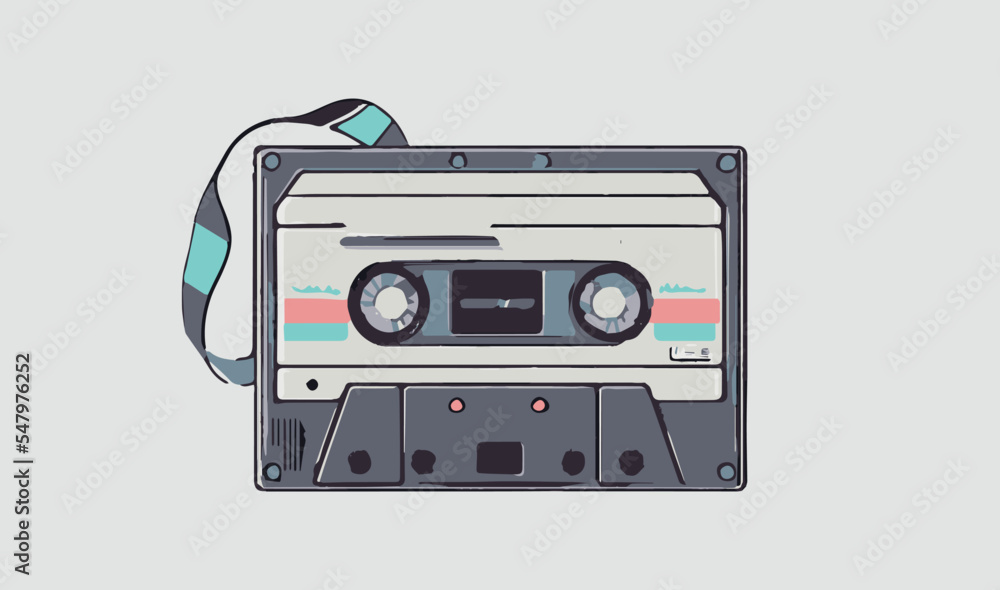 Fototapeta premium Audio tape cassette. Vector illustration of isolated vintage old fashion tape. Isolated sound recorder. Old media for music. Analogue technology. Disco, pop player. Musical icon. 80s object. Music mix