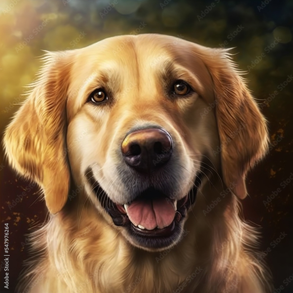 Realistic Golden Retriever Dog Portrait Illustration, Glamour Pet Photo shot Portrait, 3D render, Close up Pedigreed Dog