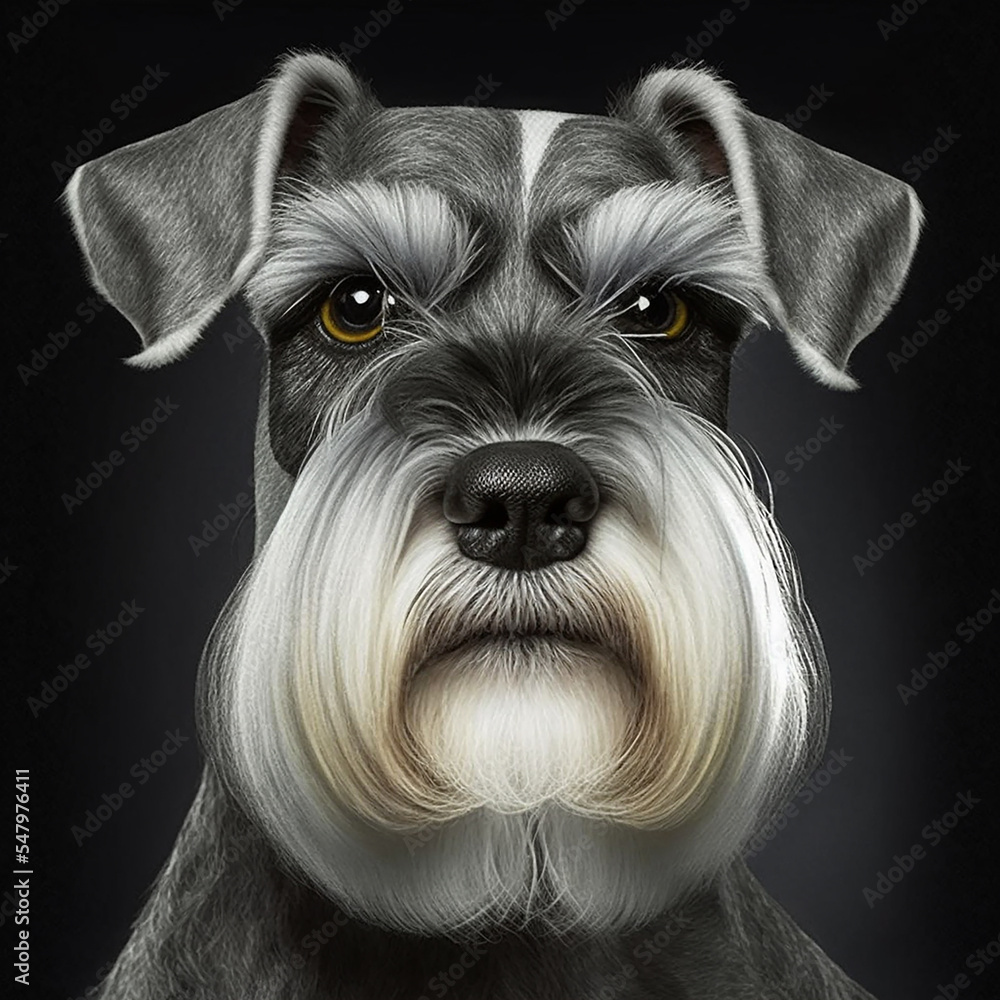 Realistic Schnauzer Dog Portrait Illustration, Glamour Pet Photo shot Portrait, 3D render, Close up Pedigreed Dog