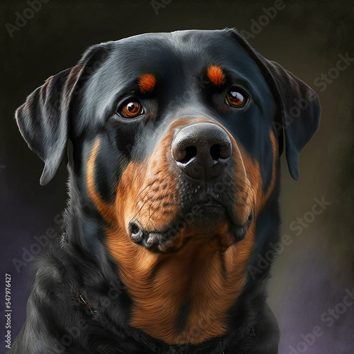 Realistic Rottweiler Dog Portrait Illustration, Glamour Pet Photo shot Portrait, 3D render, Close up Pedigreed Dog