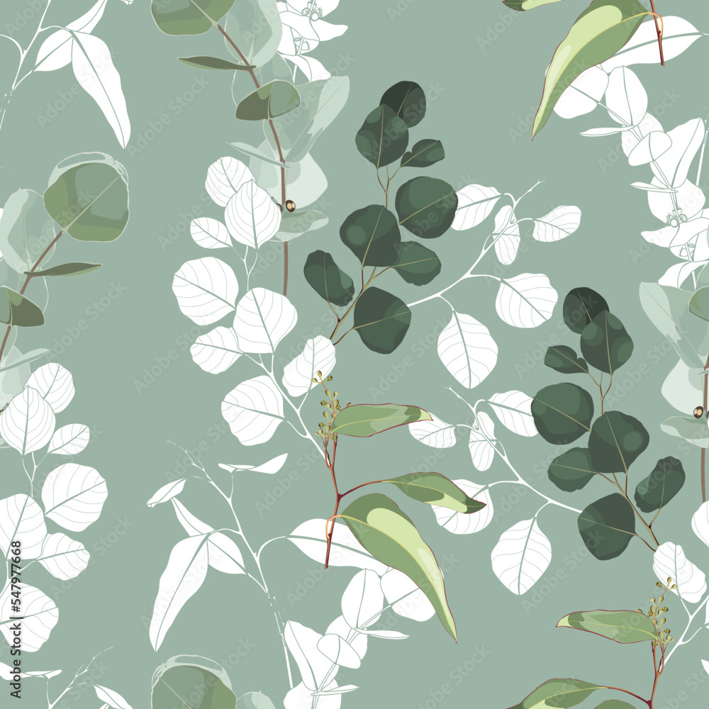 Foliage seamless pattern, eucalyptus leaves and flowers line art ink drawing. Seamless pattern. Foliage seamless pattern, eucalyptus leaves and flowers line art ink drawing. Seamless pattern.