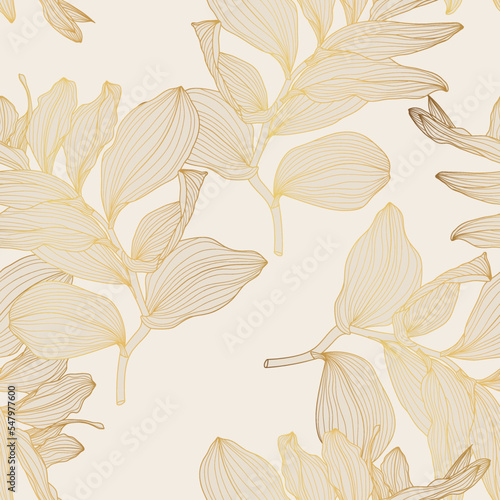 Foliage seamless pattern, Solomon's seal (Polygonatum multiflorum) branch leaves line art ink drawing in golden line.