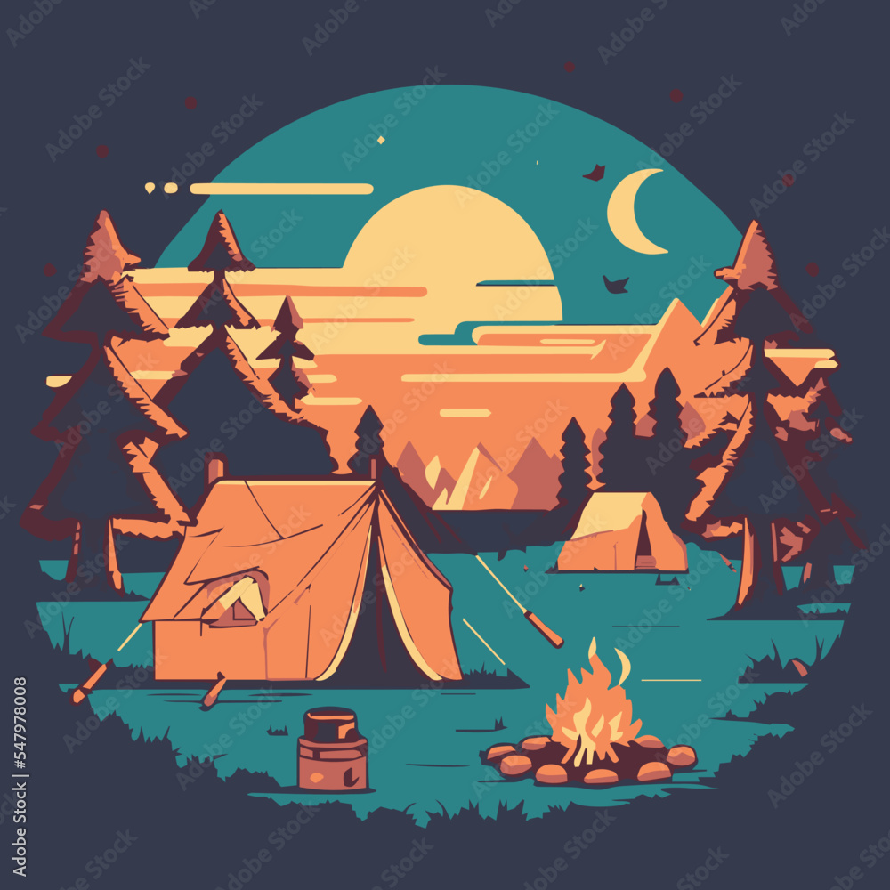 Campsite vector illustration. Tent in nature, outdoor. Cartoon style landscape with trees and mountains. Campfire. Journey in the forest. Picnic in the wild. Vacation trip. Hiking activity. Campground
