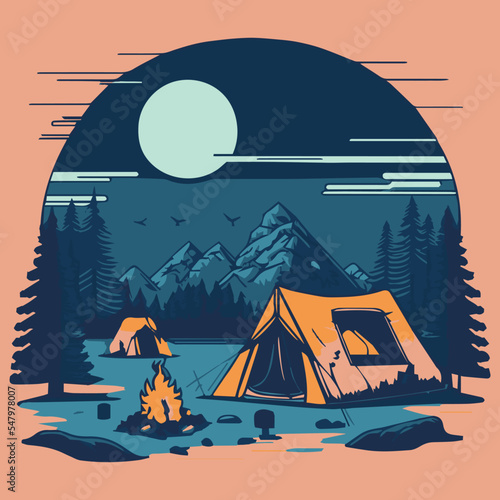 Campsite vector illustration. Tent in nature, outdoor. Cartoon style landscape with trees and mountains. Campfire. Journey in the forest. Picnic in the wild. Vacation trip. Hiking activity. Campground