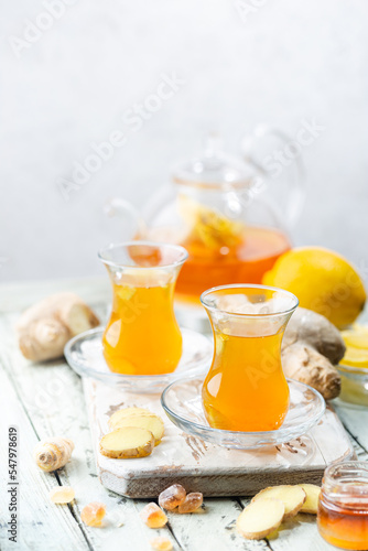Ginger tea in a glass cup