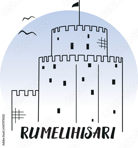 Rumeli hisari line illustration on white background, doodle style. Vector for postcard, souvenirs