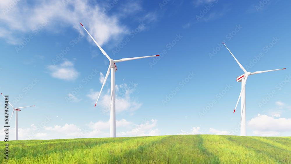 Panoramic view of wind farm or wind park, with high wind turbines for generation electricity with copy space. green energy concept. Windmills in the on a beautiful bright day. 3d rendering. Panoramic view of wind farm or wind park, with high wind turbines for generation electricity with copy space. green energy concept. Windmills in the on a beautiful bright day. 3d rendering.