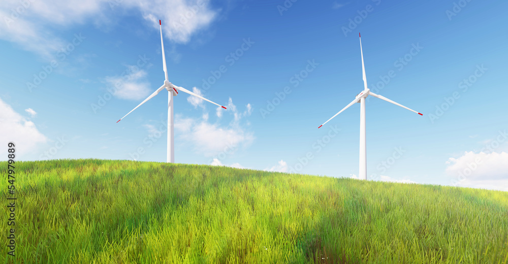 Panoramic view of wind farm or wind park, with high wind turbines for generation electricity with copy space. green energy concept. Windmills in the on a beautiful bright day. Panoramic view of wind farm or wind park, with high wind turbines for generation electricity with copy space. green energy concept. Windmills in the on a beautiful bright day.