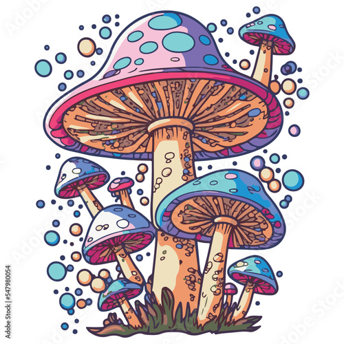Mushroom vector illustration. Psychedelic trippy fungus. Organic magic hippie cartoon drawing.Groovy, 70's style element. Colorful art of natural plant. Poster of drugs. Peace and love movement.