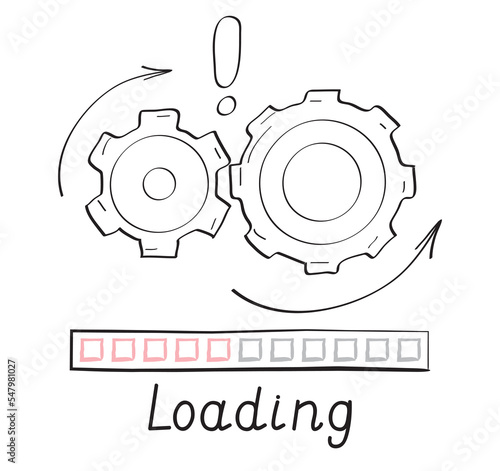 Gears rotates, loading progress bar vector style in doodle style. Load progress bar for UI. Upload status or download round process.
