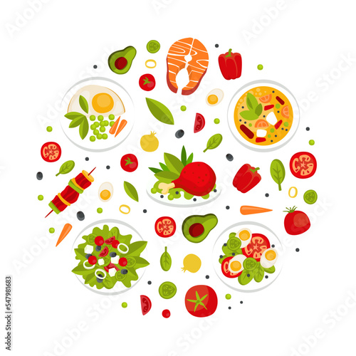 Fototapeta Naklejka Na Ścianę i Meble -  Fresh Natural Food Served on Plate Arranged in Circle Vector Template