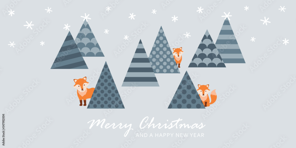 christmas greeting card with winter fir trees and cute fox