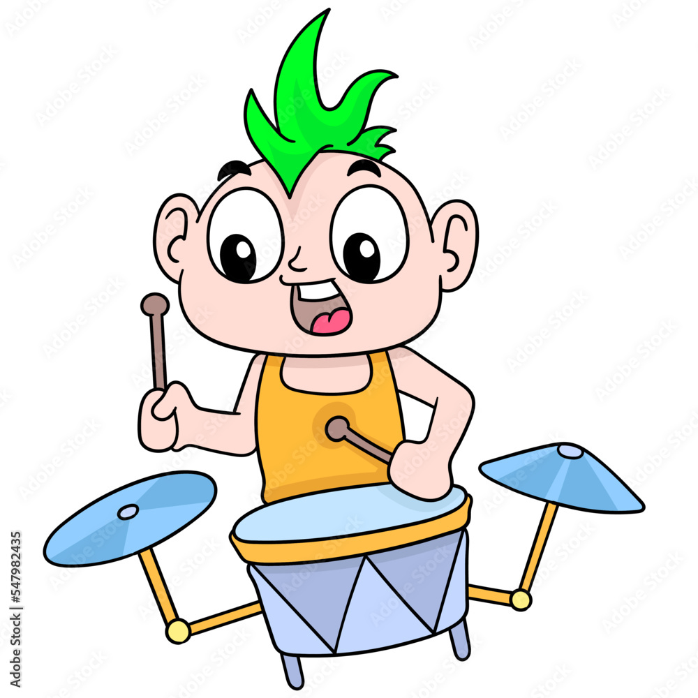 Fototapeta premium Vector illustration of a boy cartoon character playing the drums isolated on white background