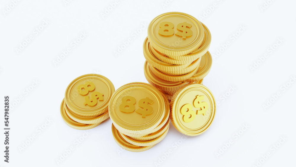 3D render of golden stack coins isolated on a white background. four dollar coins