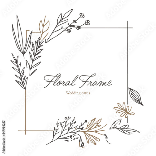 Simple elegant luxury floral frame. Minimal retro design for wedding cards invitation. Beautiful plant ornament. Simple shapes. Modern texture. Border for jewelry packaging  cosmetic. Natural elements