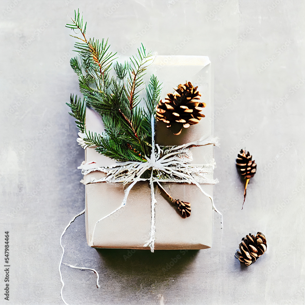 Christmas background with an eco-friendly packaged gift in craft paper and fir branches on white. Christmas Presents wrapped in gift paper. Zero waste Christmas holiday concept. Flat lay, copy space Christmas background with an eco-friendly packaged gift in craft paper and fir branches on white. Christmas Presents wrapped in gift paper. Zero waste Christmas holiday concept. Flat lay, copy space