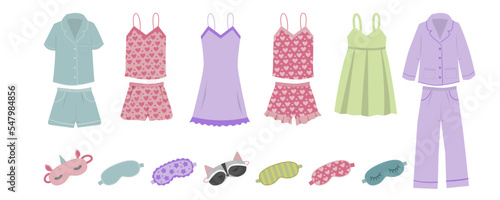 Sleepwear for women, nightwear for females, fashionable collection Pajamas set. Vector in flat style