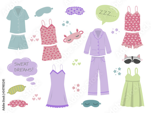 Sleepwear for women, nightwear for females, fashionable collection Pajamas set. Vector in flat style